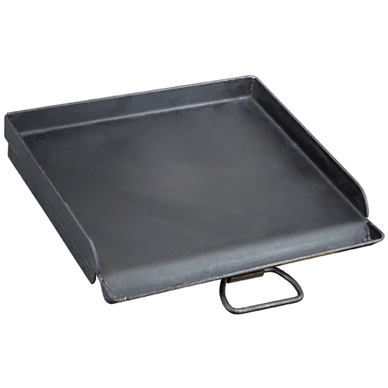 Emery Jensen Flat Top Griddle 30 for BBQ cooking, stainless steel surface with handles for outdoor grilling and skillet use.