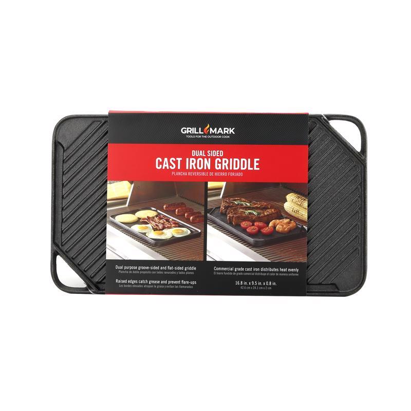 Cast iron griddle, 16.75-inch, for BBQ cooking, by Emery Jensen, durable flat cooking surface for grilling and searing.