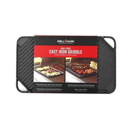 Cast iron griddle, 16.75-inch, for BBQ cooking, by Emery Jensen, durable flat cooking surface for grilling and searing.