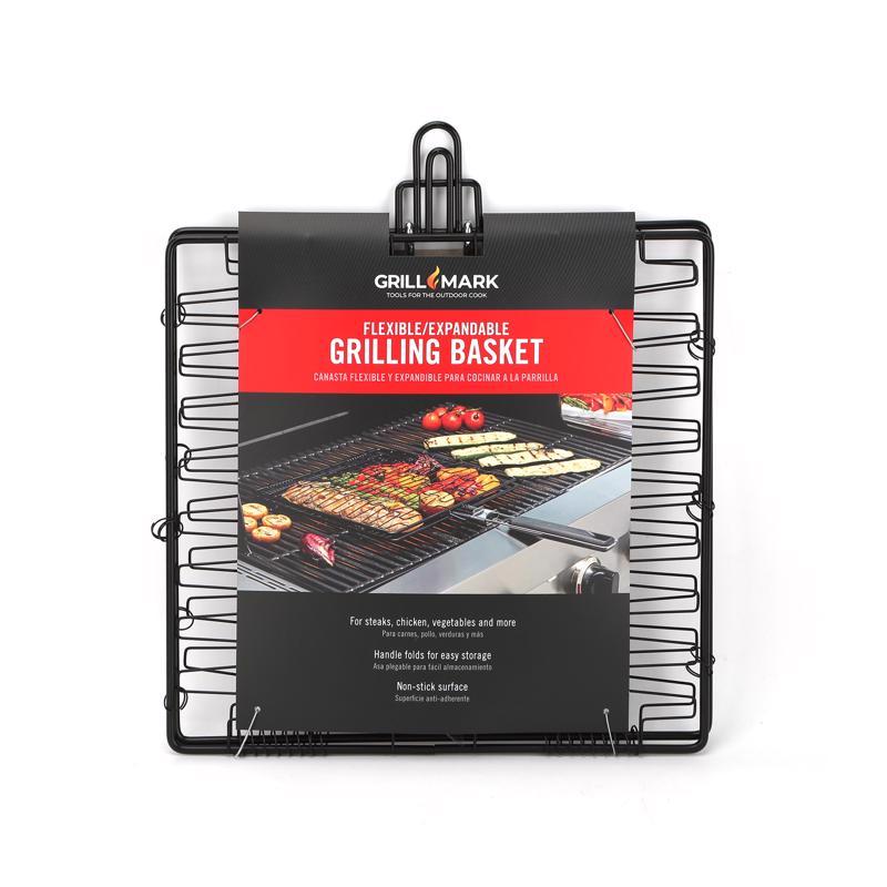 Black and silver 13-inch grill basket by Emery Jensen, a BBQ cooking accessory for grilling vegetables and meats.