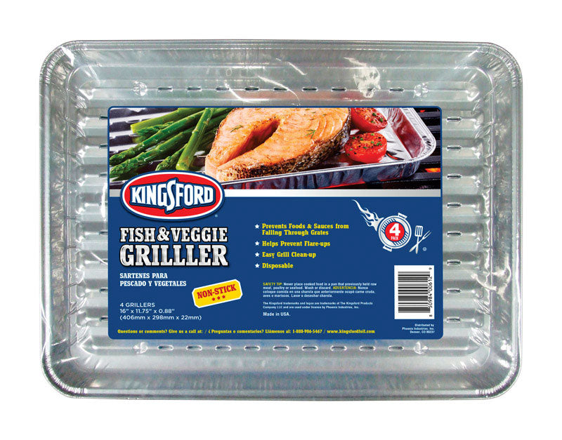 Set of four Emery Jensen 16x12-inch grill pans for BBQ cooking accessories, ideal for outdoor grilling and searing.