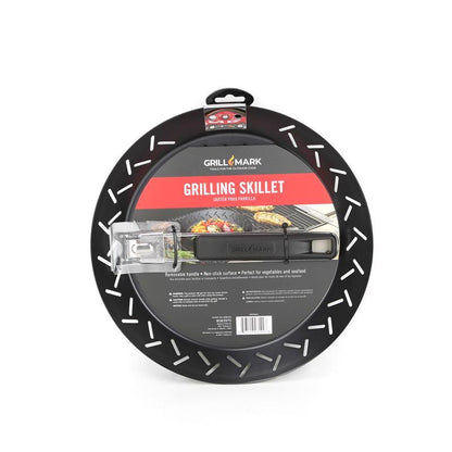 Emery Jensen grilling skillet in stainless gray for BBQ cooking, with a handle and cooking surface visible.