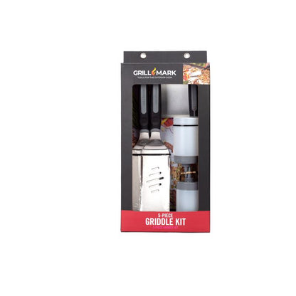 Emery Jensen BBQ cooking accessories 5-piece grill tool set including tongs, spatula, fork, basting brush, and cleaning brush.