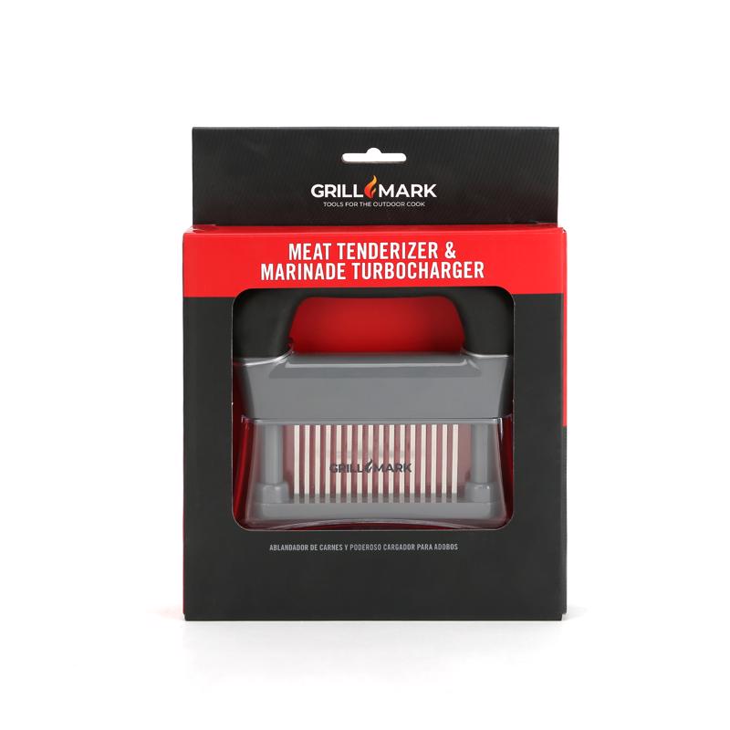 Black meat tenderizer from Emery Jensen BBQ cooking accessories, showing a handheld tool for tenderizing meat.