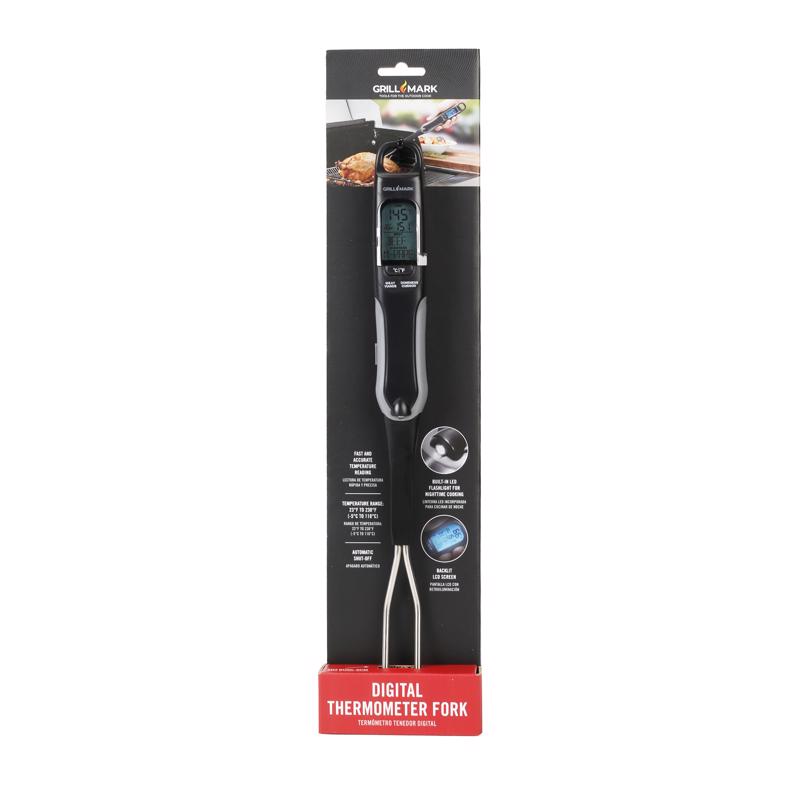 Emery Jensen BBQ cooking accessories, black plastic thermometer management tool for grilling and outdoor cooking.