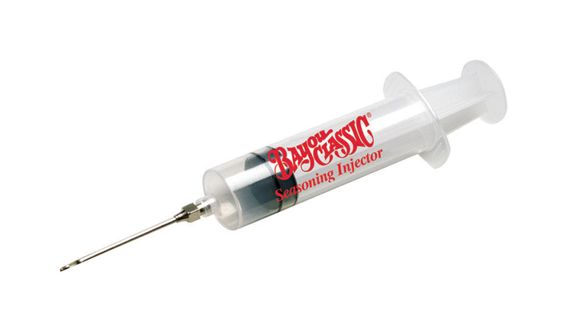 Emery Jensen 2-oz BBQ seasoning injector for flavorful marinades and meat injection in grilling and barbecue cooking.