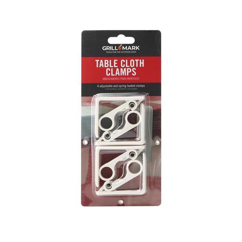 Emery Jensen BBQ cooking accessories Tabllcloth clamp in white, used for secure handling of hot barbecue items.