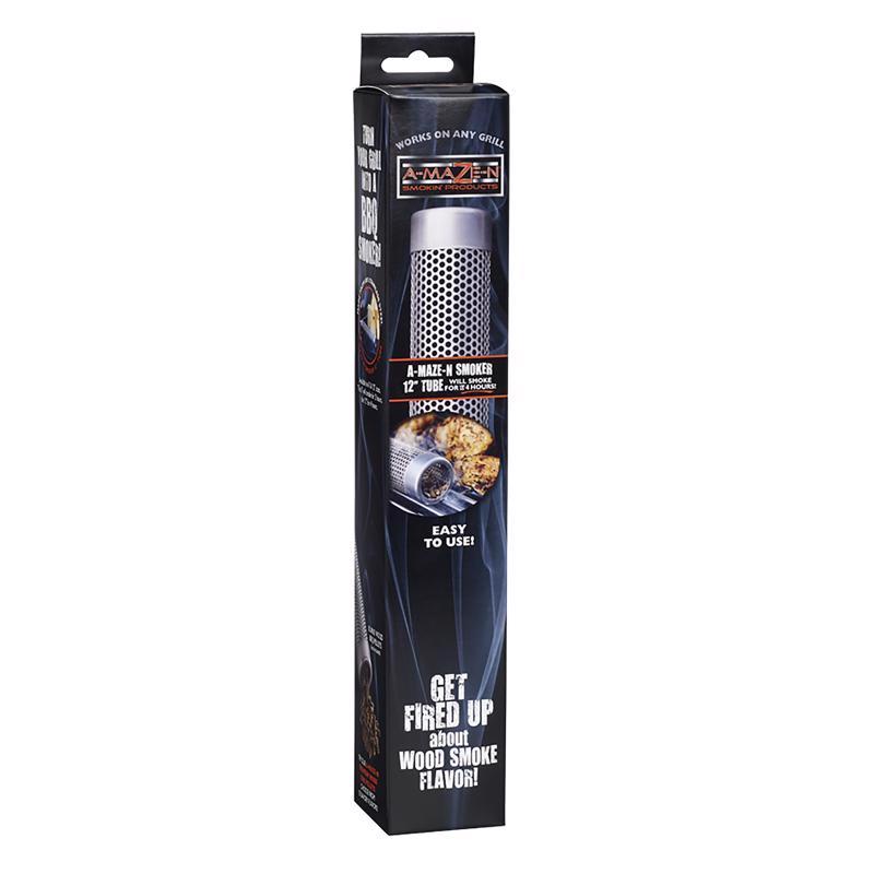 12-inch stainless steel tube smoker for BBQ cooking accessories by Emery Jensen, shown on a grill.