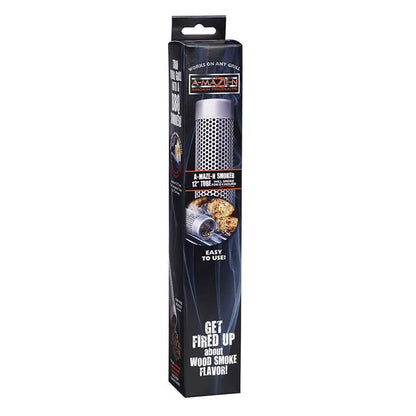 12-inch stainless steel tube smoker for BBQ cooking accessories by Emery Jensen, shown on a grill.
