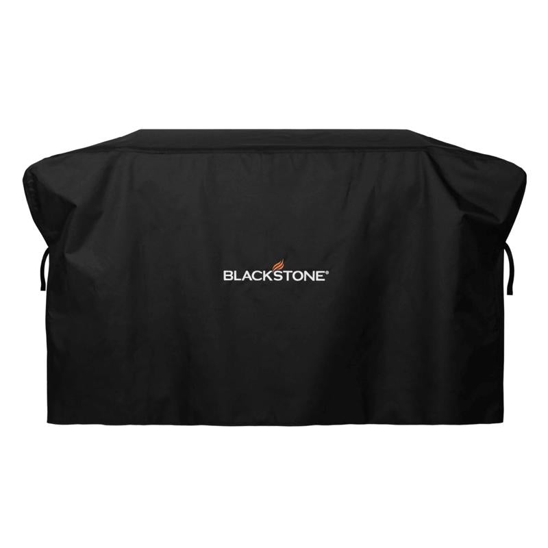 Black Emery Jensen 28-inch BBQ grill griddle cover protecting a flat-top griddle from outdoor elements.