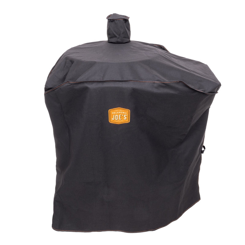 Black smoker cover for BBQ grill, 45x34 inches, by Emery Jensen, protects smoker from weather and dust.