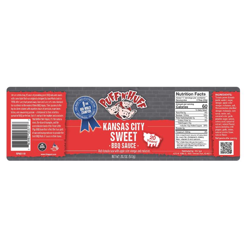 Emery Jensen Kansas City BBQ Sauce in a 20oz bottle, rich, smoky barbecue sauce for grilling and dipping.
