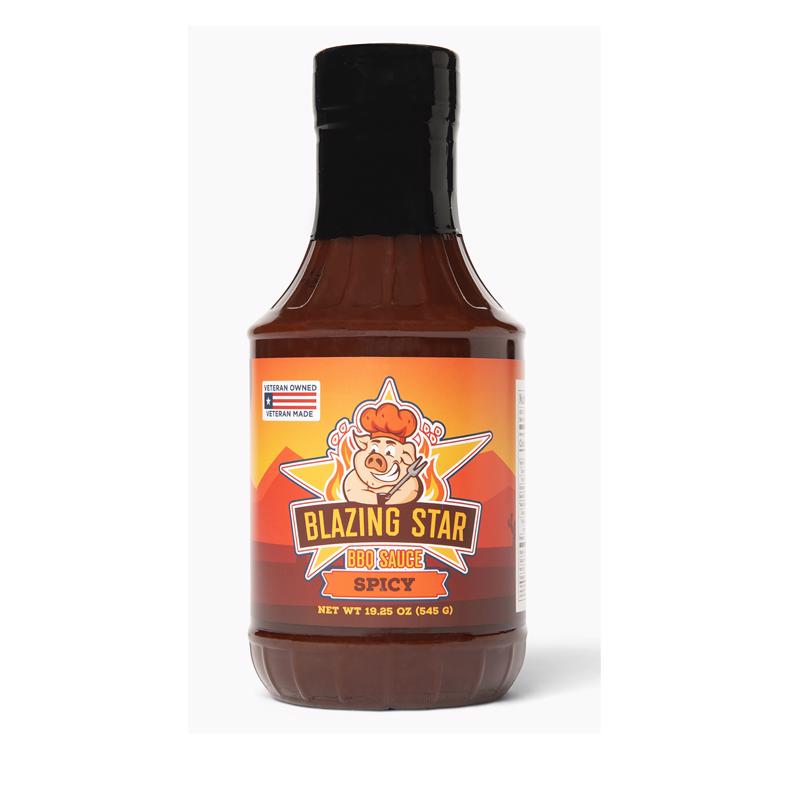 Emery Jensen spicy BBQ sauce in a 19.25oz bottle, shown with rich, flavorful sauce ideal for grilling and barbecues.