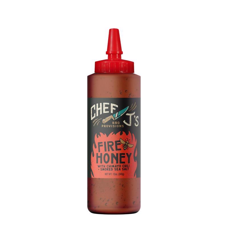 Emery Jensen Fire Honey BBQ sauce in a 12oz bottle, rich honey flavor with a smoky spicy kick, perfect for grilling and BBQs.