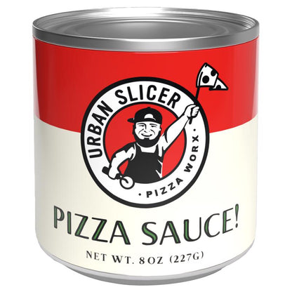 Emery Jensen BBQ pizza sauce in an 8oz tin, showcasing rich, flavorful tomato-based sauce for grilling and pizza making.