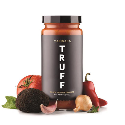Emery Jensen Truff Marinara BBQ Sauce in 17oz bottle, rich tomato flavor with hints of truffle for grilling and dipping.