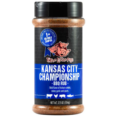 Emery Jensen 3LITTL PIGS BBQ Rub in a 6.5oz jar, flavorful BBQ seasoning and rub for grilling and barbecues.