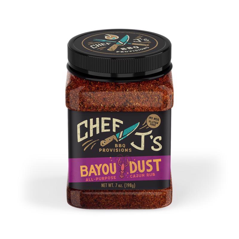 Emery Jensen Bayou Dust BBQ Rub in a 7oz jar with a black lid, showcasing a spicy Cajun seasoning blend.