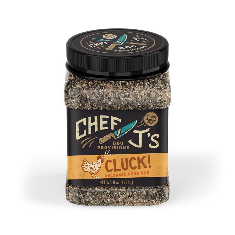 Emery Jensen BBQ Rub Cluck 8oz, flavorful poultry seasoning and rub with herbs and spices for grilling and smoking.