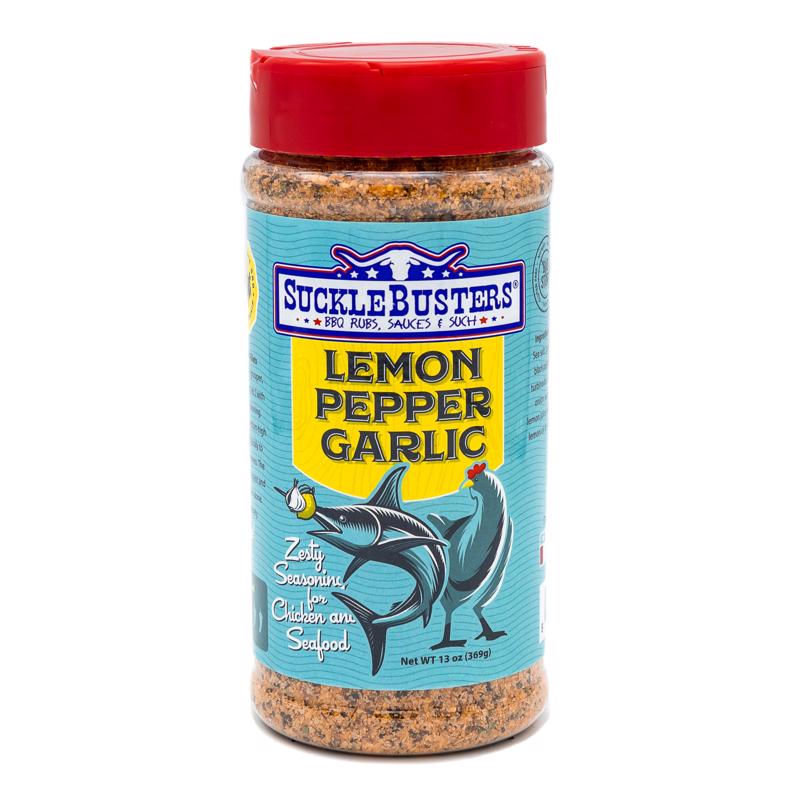 Emery Jensen BBQ seasoning rub with lemon pepper flavor in a 13oz container, ideal for grilling and enhancing barbecue dishes.