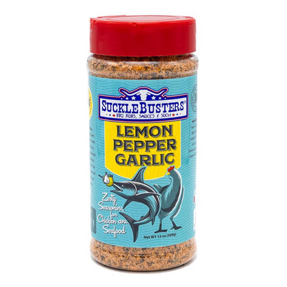 Emery Jensen BBQ seasoning rub with lemon pepper flavor in a 13oz container, ideal for grilling and enhancing barbecue dishes.