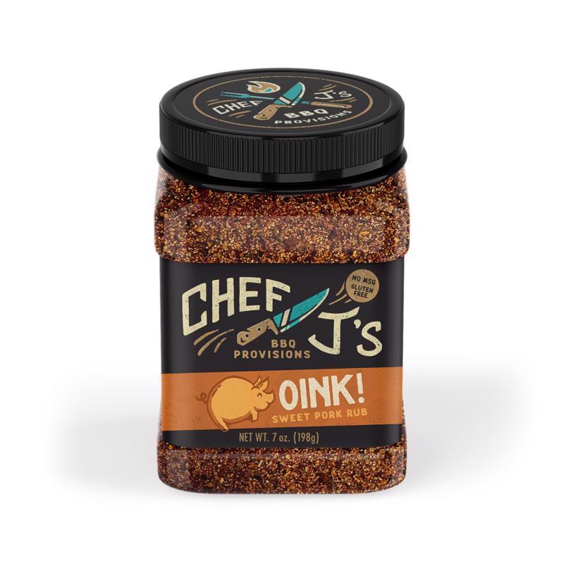 Emery Jensen BBQ Oink Rub 7oz jar of smoky pork seasoning with spices for grilling and barbecuing.