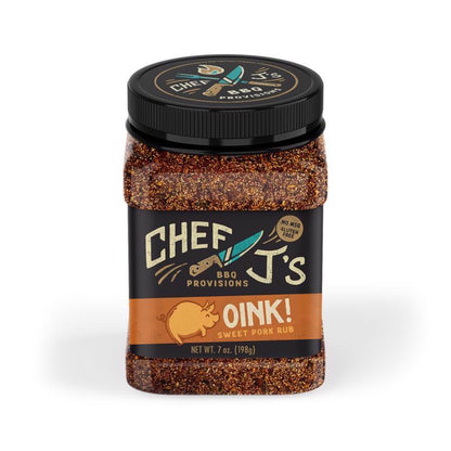 Emery Jensen BBQ Oink Rub 7oz jar of smoky pork seasoning with spices for grilling and barbecuing.