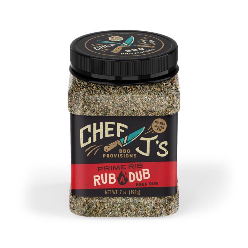 Emery Jensen BBQ rub for prime rib, 7 oz jar, seasoned with spices for flavorful grilling and roasting.
