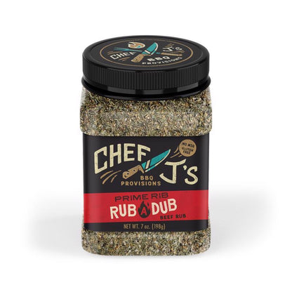 Emery Jensen BBQ rub for prime rib, 7 oz jar, seasoned with spices for flavorful grilling and roasting.