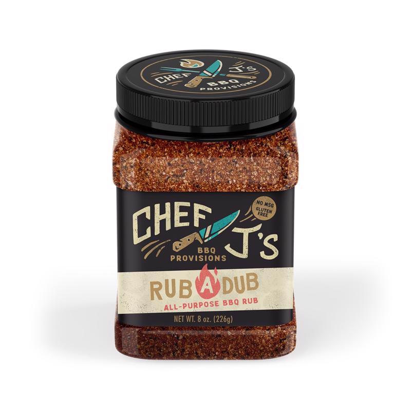 Emery Jensen Rub-a-dub BBQ seasoning rub in an 8oz jar, perfect for grilling and enhancing grilled meats with flavorful spice blend.