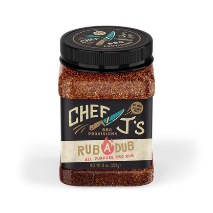 Emery Jensen Rub-a-dub BBQ seasoning rub in an 8oz jar, perfect for grilling and enhancing grilled meats with flavorful spice blend.