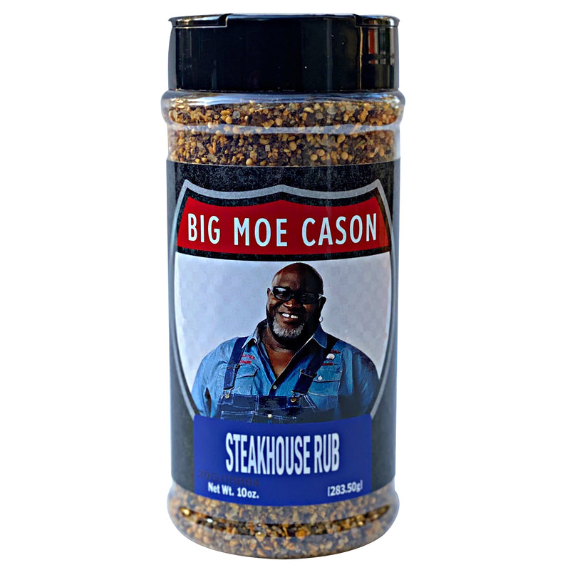 Emery Jensen BBQ seasoning rub for steak in a 10oz bottle, perfect for flavorful grilled steaks.