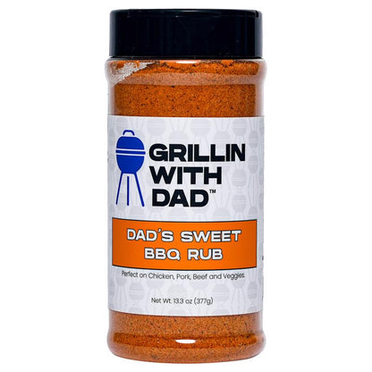 Emery Jensen sweet BBQ rub in 13.3oz jar, seasoned seasoning blend for grilling and smoking meats with flavorful spices.