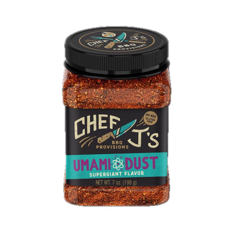 Emery Jensen BBQ Umami Dust Rub in 7oz jar, savory seasoning for grilling and barbecue, with a focus on spices and flavor.