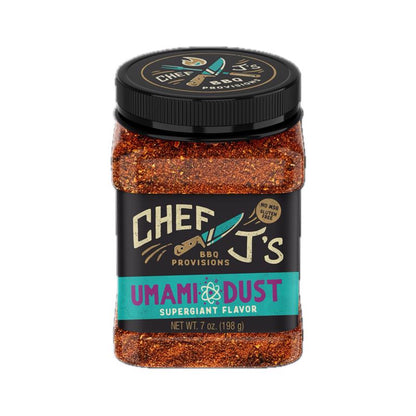 Emery Jensen BBQ Umami Dust Rub in 7oz jar, savory seasoning for grilling and barbecue, with a focus on spices and flavor.