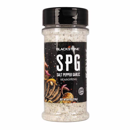 Emery Jensen BBQ Seasoning SPG rub in an 8.4oz jar, ideal for grilling and enhancing barbecue flavors with salt, pepper, and garlic.