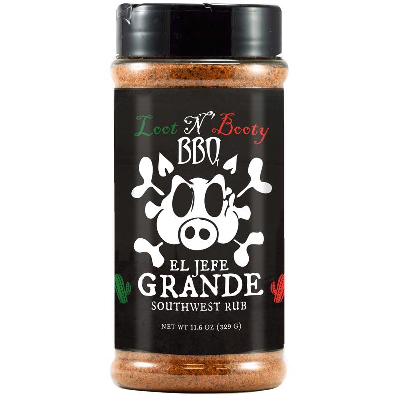 Emery Jensen BBQ seasoning jar labeled Jef Gran, 11.6oz, with a focus on the seasoning blend for grilling and barbecuing.