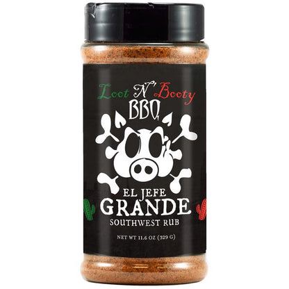 Emery Jensen BBQ seasoning jar labeled Jef Gran, 11.6oz, with a focus on the seasoning blend for grilling and barbecuing.