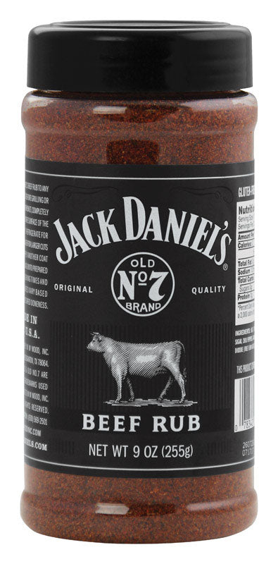 Emery Jensen Jack Daniels beef rub in a 9oz jar, a flavorful BBQ seasoning and rub for grilling and smoking meats.