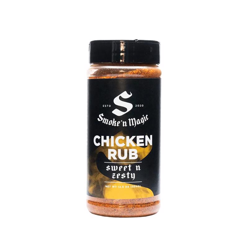 Emery Jensen BBQ Chicken Rub in 12.6oz jar with sweet and zesty seasoning for flavorful grilled chicken.