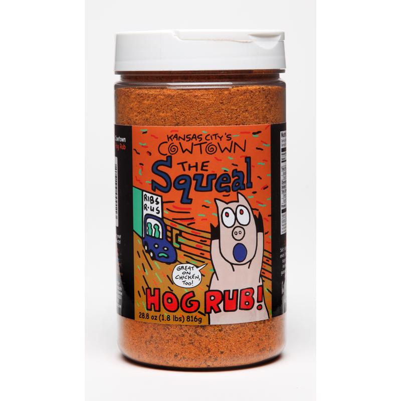 Emery Jensen COWTWN SQUEAL BBQ Rub 28.8oz, savory seasoning for grilling and smoking meats, in a large jar.