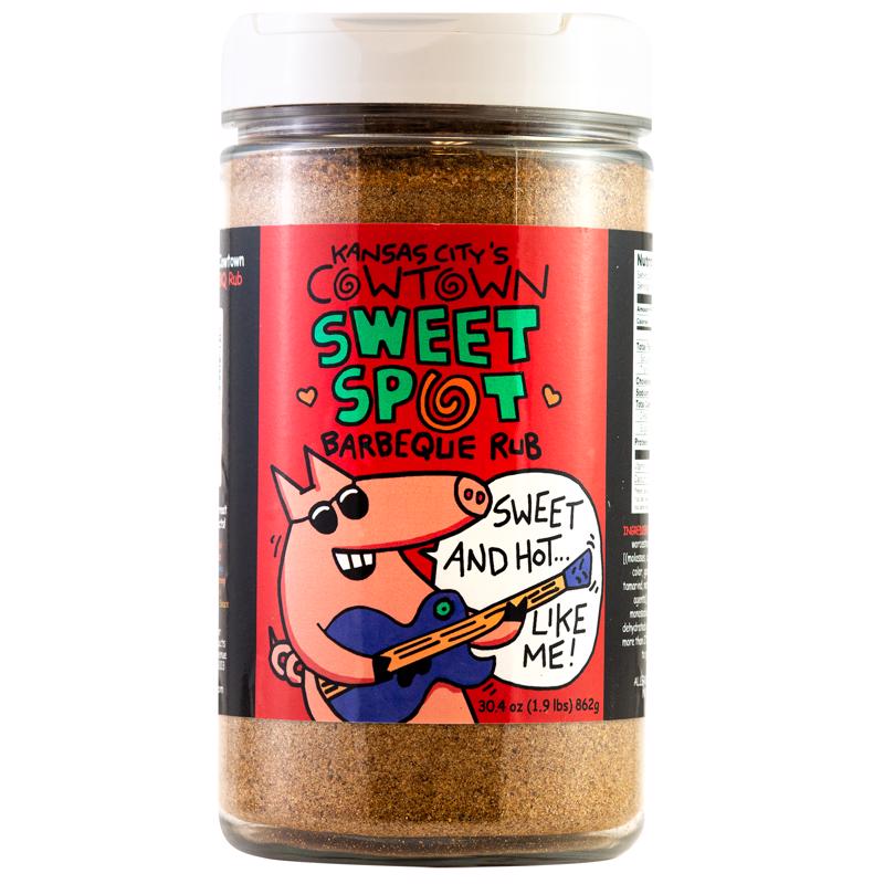 Emery Jensen COWTWN Sweet Spot BBQ seasoning rub in a 30.4oz jar, ideal for enhancing grilled meats and barbecue dishes.
