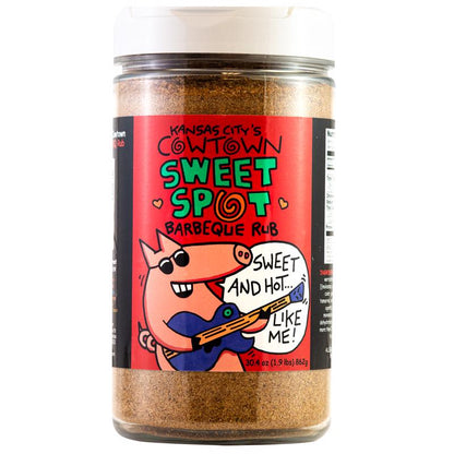 Emery Jensen COWTWN Sweet Spot BBQ seasoning rub in a 30.4oz jar, ideal for enhancing grilled meats and barbecue dishes.