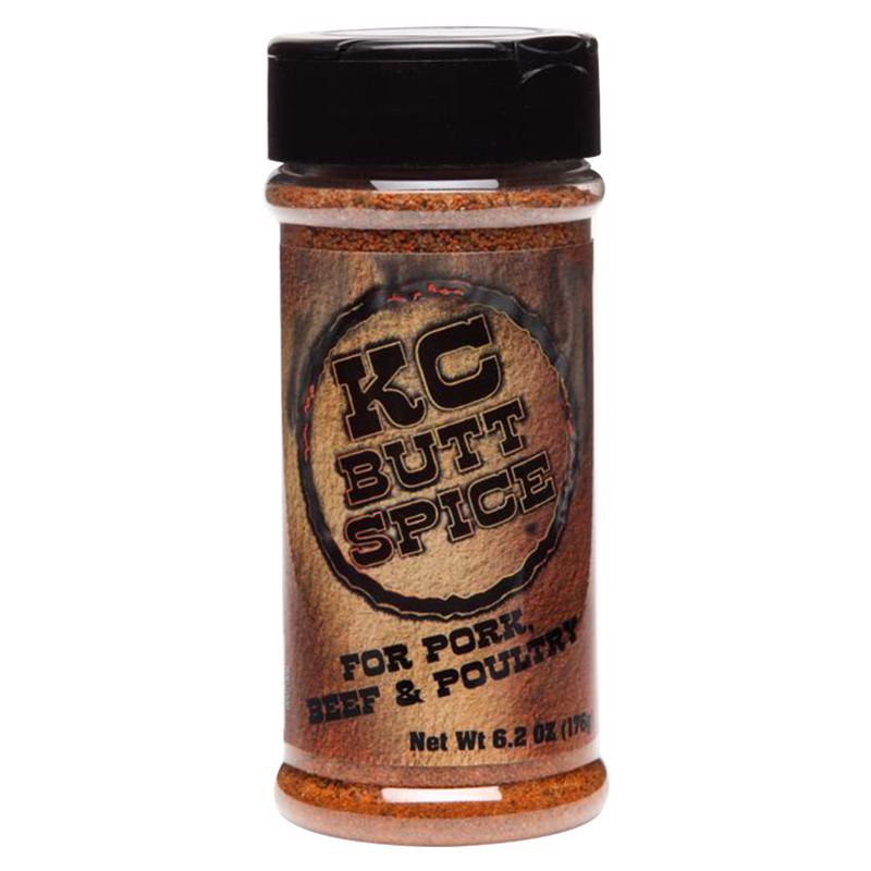 KC Butt Spice BBQ seasoning by Emery Jensen in a 6.2oz jar, with a spicy blend for grilling and barbecue dishes.