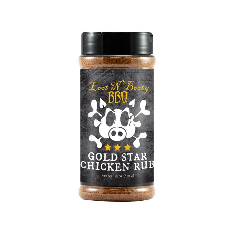 Emery Jensen LootnBooty Chicken Rub 13oz in a jar, BBQ seasoning and rub for flavorful grilled chicken.