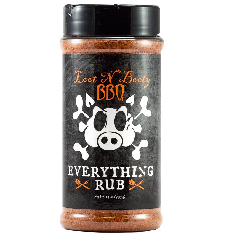 Emery Jensen LOOTNBOOTY EVRY RUB 14oz BBQ seasoning and rub jar with black lid, perfect for grilling and smoking meats.