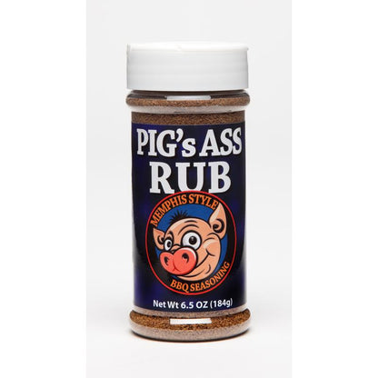 Emery Jensen Pigs Ass Rub BBQ seasoning in a 6.5oz jar, perfect for adding smoky flavor to grilled meats and barbecue dishes.