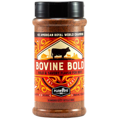 Emery Jensen Plowboys Bovine Bold 6.5 BBQ seasoning and rub, featuring a flavorful blend for grilling and smoking meat.