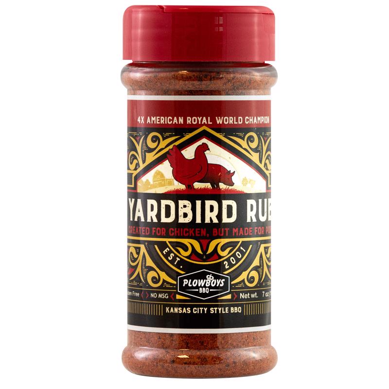 Emery Jensen Plowboys Yardbird 14oz BBQ seasoning and rub in a jar, ideal for grilling and smoking chicken.