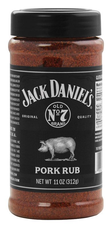 Emery Jensen Jack Daniel's pork BBQ seasoning rub in 11oz jar, seasoned pork with grilled barbecue appearance